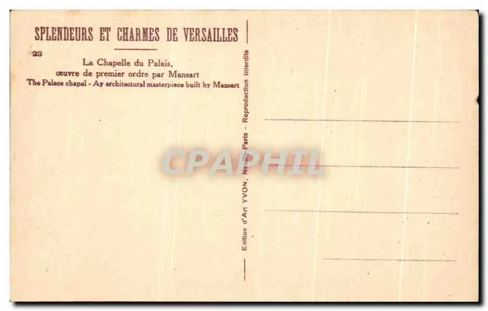 Kapelle des Palastes — Versailles — Édition d'Art YVON - Rückseite