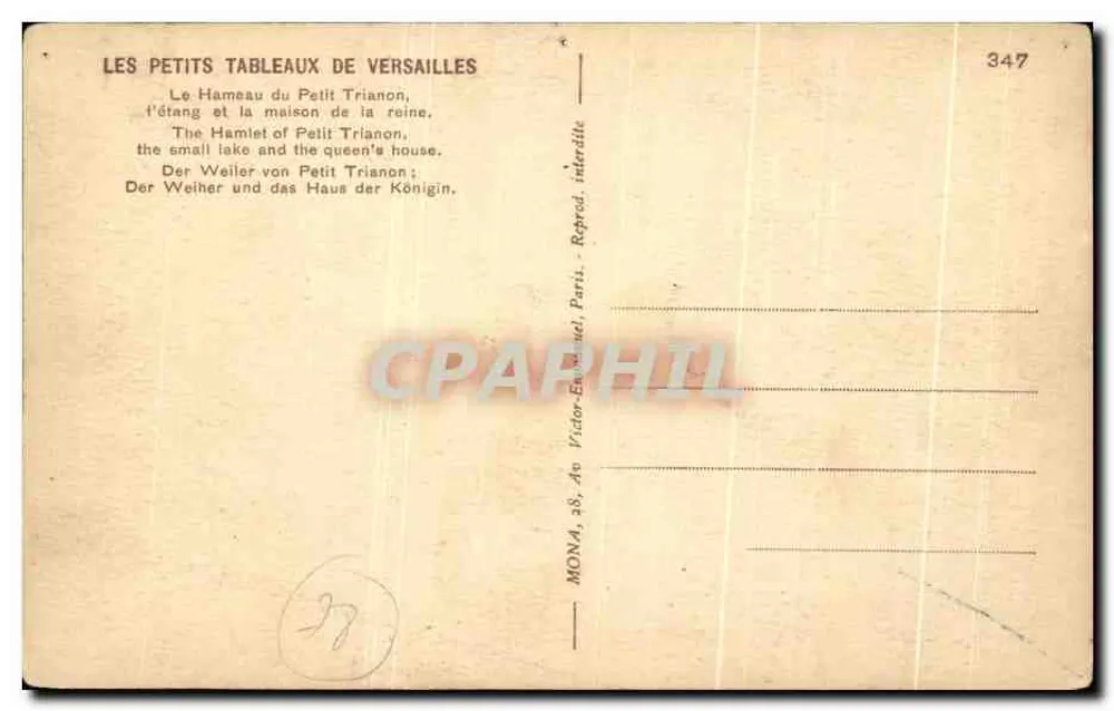 Le Hameau du Petit Trianon — étang et maison de la reine — éditeur Mona, n° 347 - Verso