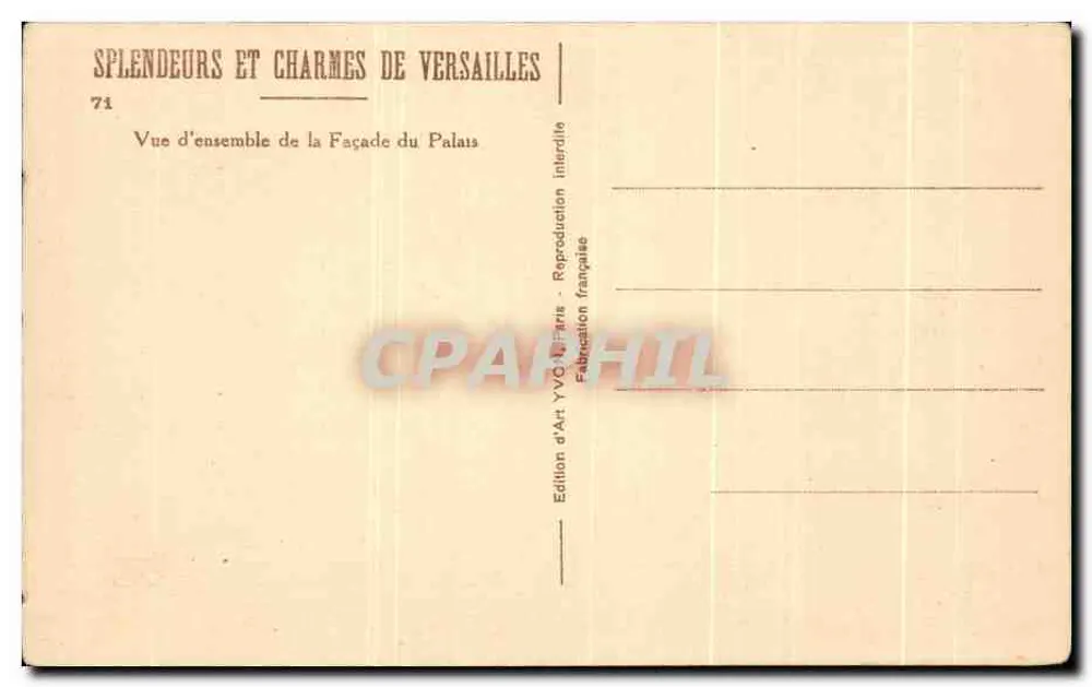 Versailles — Übersicht der Palastfassade — Kunstausgabe YVC Paris - Rückseite