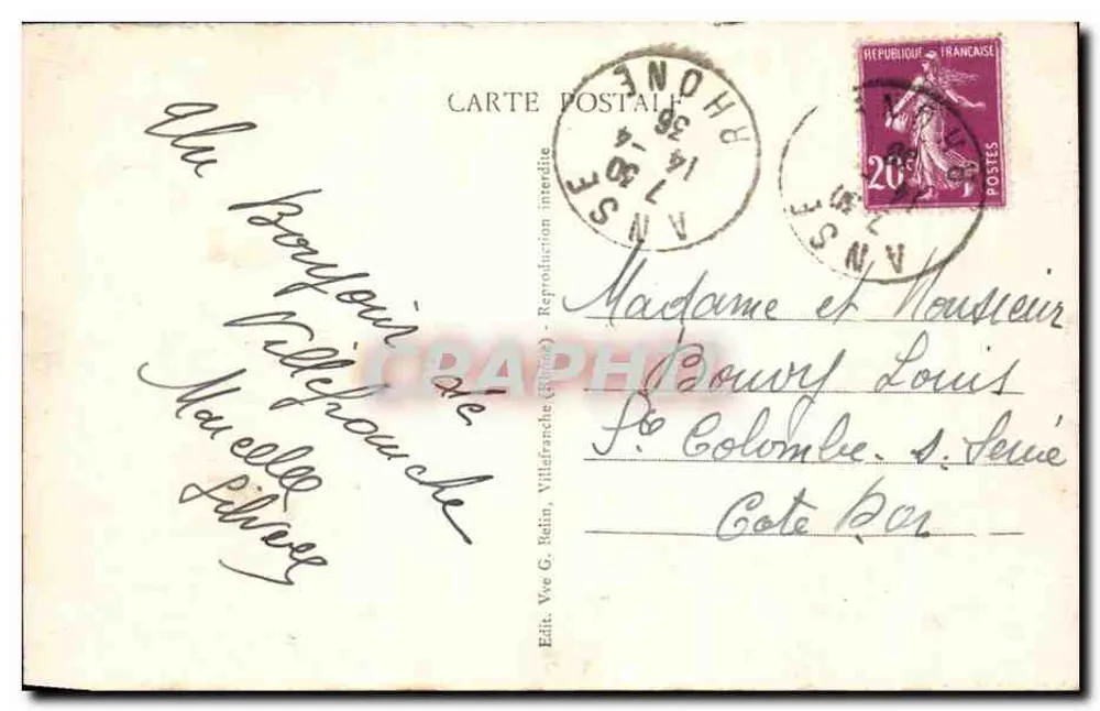 VILLEFRANCHE (Rhône) - Rue Nationale — Editora Vve G. Belin, número de série não visível - Verso