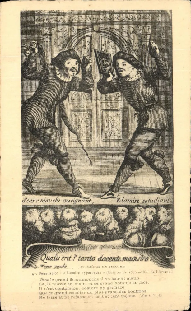 Scaramouche lehrend — Scaramouche lernend — Frontispiz der Élomire hypocoindre, Ausgabe von 1670, vom Arsenal - Vorderseite