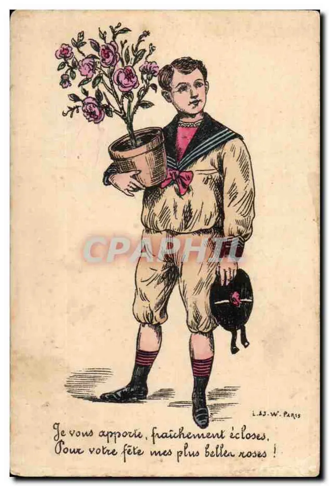 Jeune garçon en uniforme marin — portant un pot de roses fraîchement écloses — éditeur L.A.J.-W. Paris - Frente