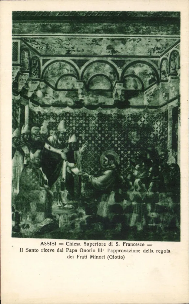 Assisi — Chiesa Superiore di S. Francesco — Der Heilige erhält die Genehmigung der Regel der Minoriten vom Papst Honorius III (Giotto) - Vorderseite