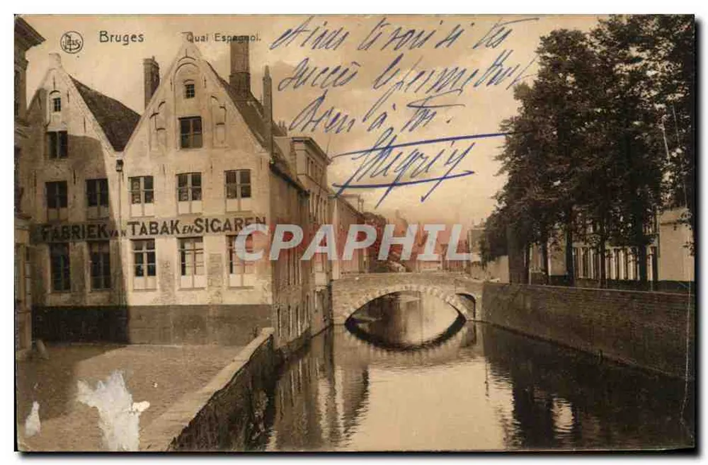 Bruges — Quai Espagnol avec pont et bâtiment à inscription 'FABRIEK VAN TABAK EN SIGAREN' — éditeur Nels, Bruxelles, Série No. 58 - Frente