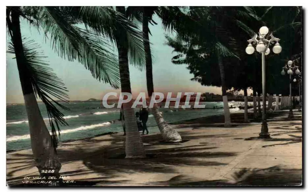 Villa del Mar — spiaggia circondata da palme e lampioni — editore sconosciuto, n° 9228 - Recto