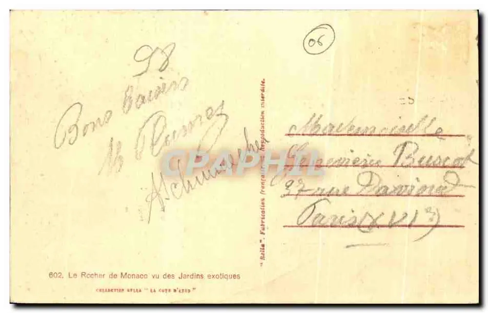 Der Felsen von Monaco vom exotischen Garten aus gesehen — Bella-Sammlung "La Côte d'Azur" — Verleger Rolla, Nr. 602 - Rückseite