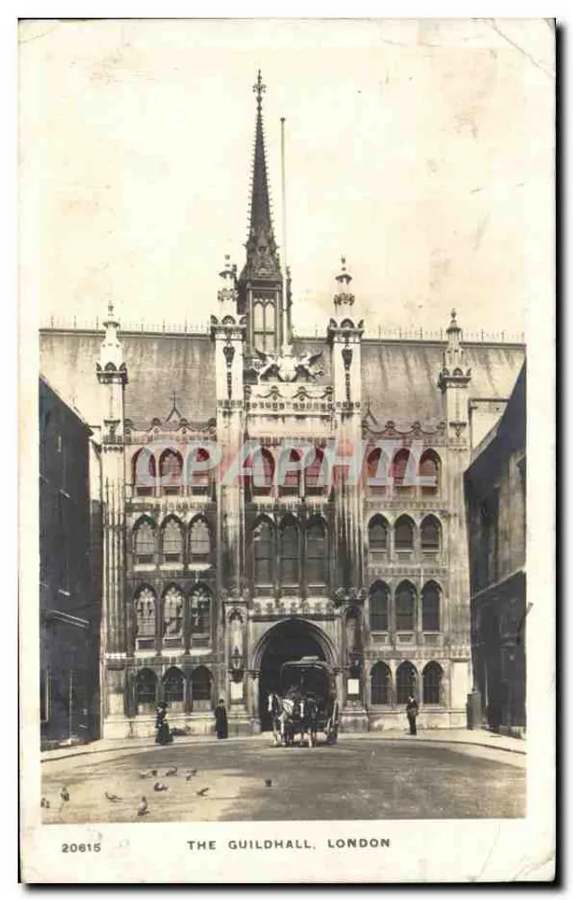 The Guildhall, London — façade gothique avec char à cheval — éditeur Hunt's Real Photo Process, n° 20615 - Frente