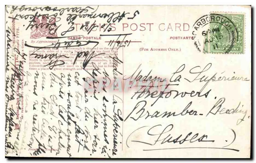Scarborough North Cliff — widok panoramiczny z ruiny zamku — Tuck's Post Card - Rewers