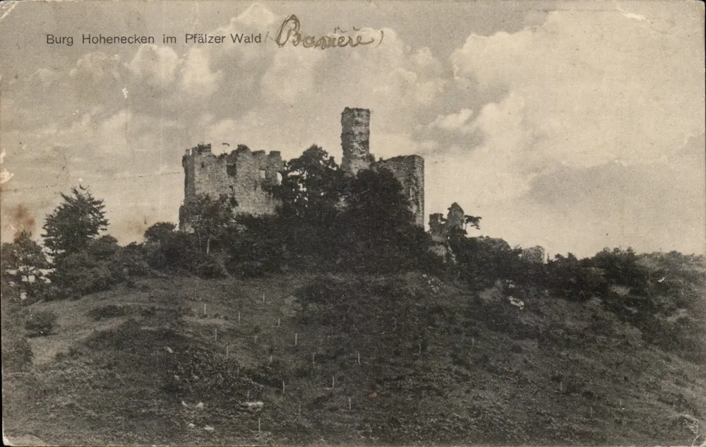 Burg Hohenecken im Pfälzer Wald — ruines d'un château sur une colline boisée — éditeur : Verlag u. Aufnahme Robert Schuck, Kaiserslautern - Vorderseite