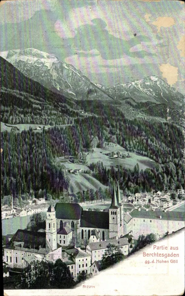 Partie aus Berchtesgaden gg.d. Hohen Göll — vue panoramique avec église et montagnes enneigées — éditeur Nr.2254 - Recto