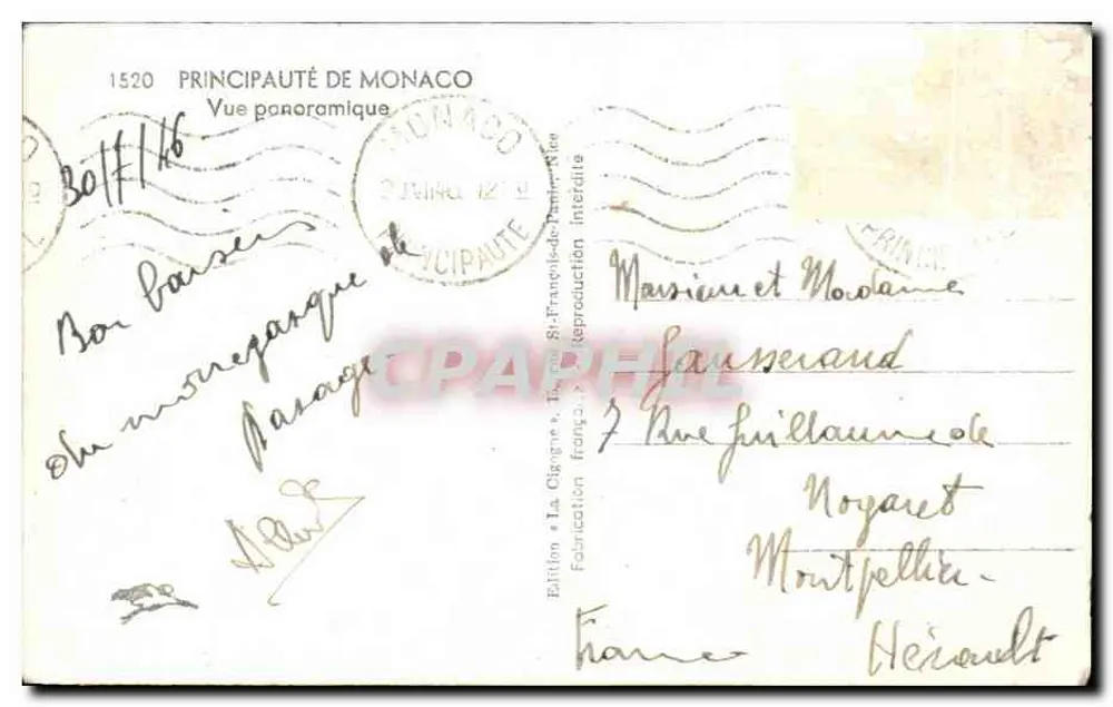 Vista panorâmica de Mônaco — Principado de Mônaco — Edição La Cigogne, n° 1520 - Verso