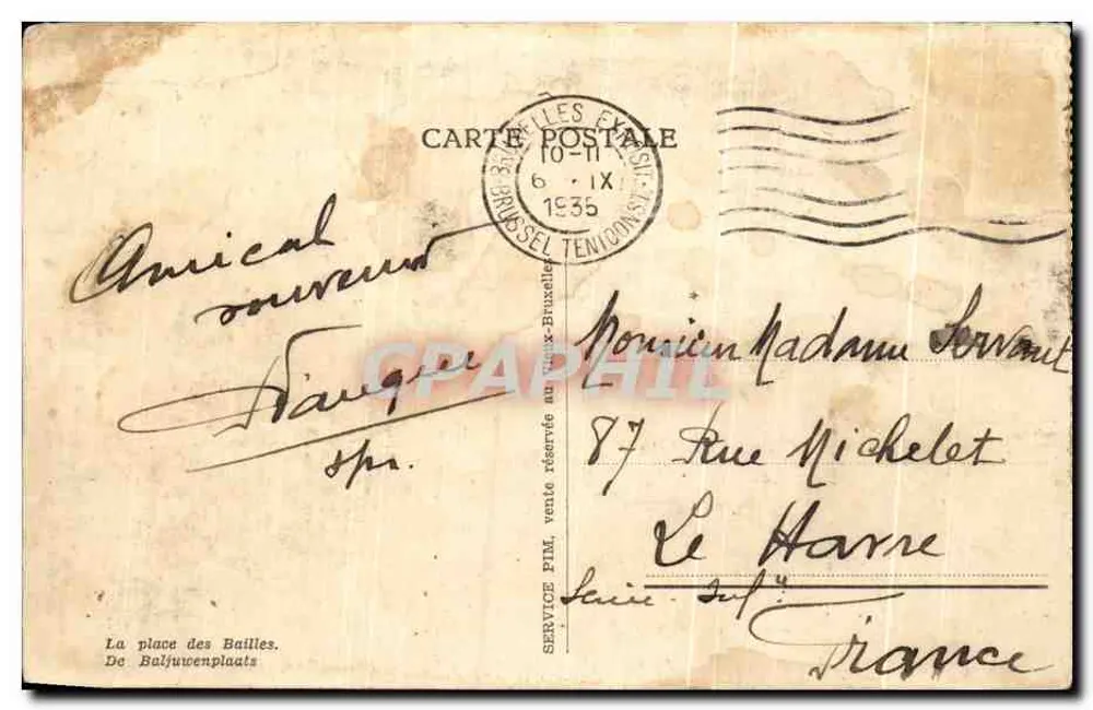 Exposition von Brüssel 1935 — Altes Brüssel. — Verlag: La place des Baillies. - Rückseite