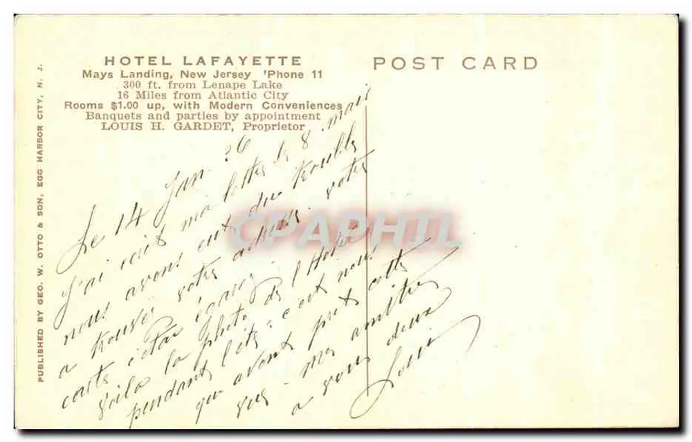 Lafayette Hotel, das Refugium der Touristen — Mays Landing, N.J. — veröffentlicht von Geo. W. Otto & Son, Egg Harbor City, N.J. - Rückseite