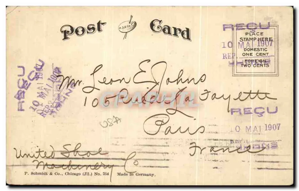 Chicago, Ill., Templo Maçônico — P.S.& Co. Cartão Postal N° 254 - Verso