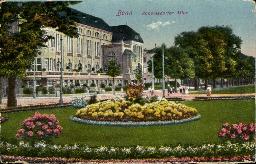 Bonn. Poppelsdorfer Allee — uitzicht op de avenue met tuin en gebouw — uitgever Beh. & K. B., n° 32793 - Voorkant