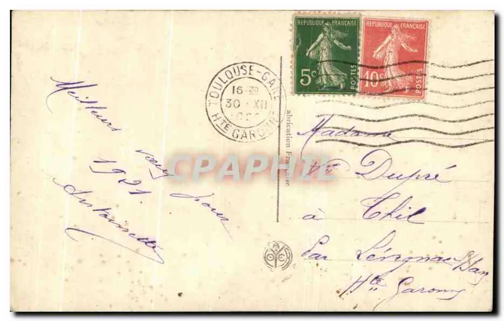 Junge Frau in antikem Kleid, das ein Instrument spielt — Toulouse, 1921 — Verlag nicht sichtbar - Rückseite