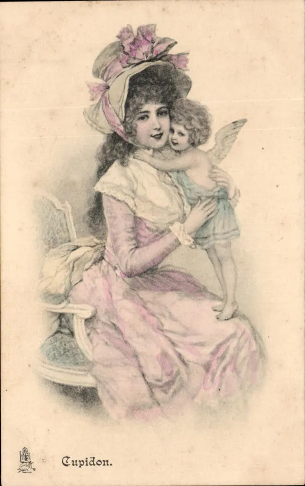 Cupid — Frau in rosa Kleid mit kleinem Engel — Verleger Raphael Tuck & Sons, Serie 334 - Vorderseite
