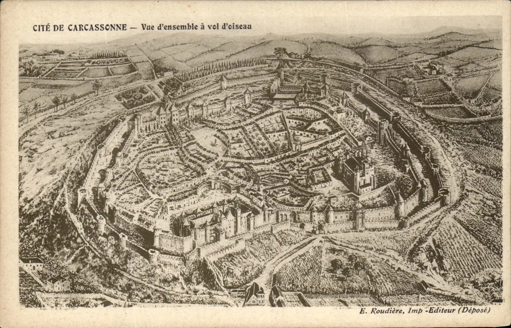 Cidade de Carcassonne — Vista geral de cima — E. Roudière, Imp-Editor (Depositado) - Frente