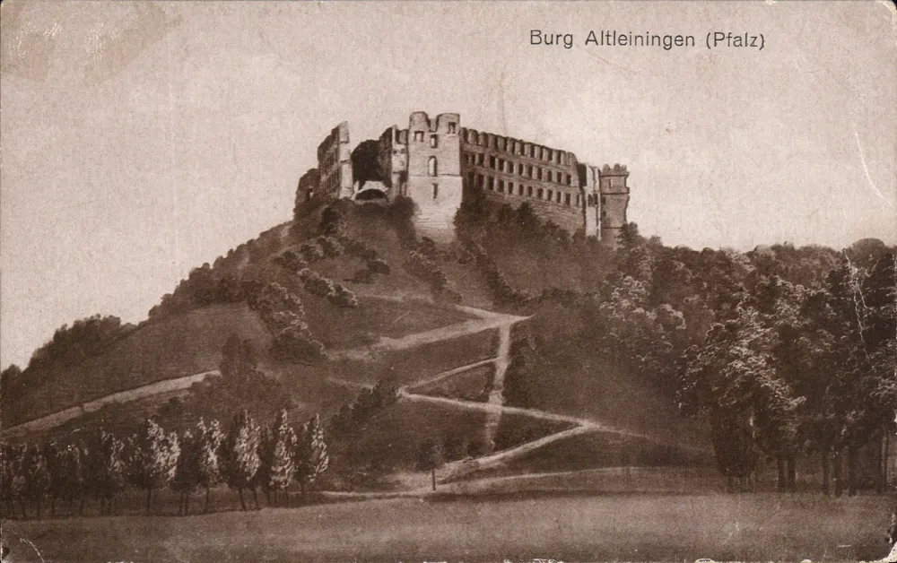 Burg Altleiningen (Pfalz) — castelo fortificado em ruínas em uma colina — editor C. Rauschkolb, Grünstadt, n° 18 - Frente