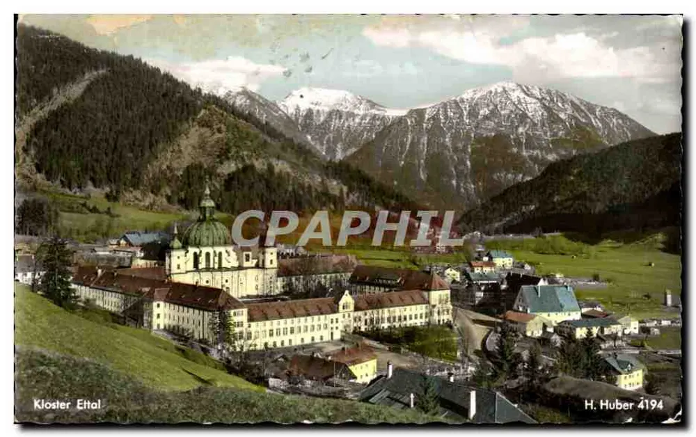 Kloster Ettal — vue panoramique du monastère et des montagnes enneigées — H. Huber 4194 - Frente