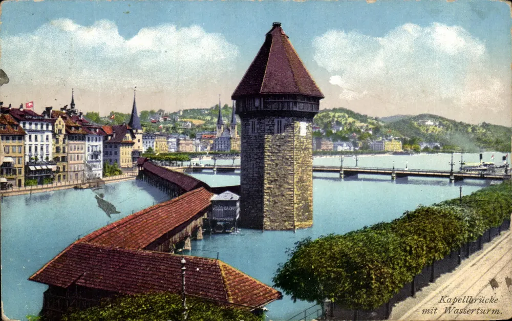 Lucerna — Kapellbrücke z Wasserturm — E. Goetz, Fot. Lucerna, n° 4018 - Awers