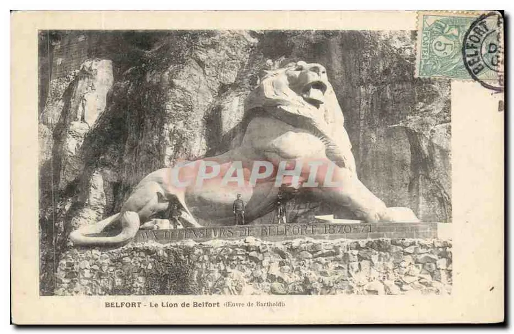 Belfort - Le Lion de Belfort (Œuvre de Bartholdi) — statue monumentale sur rocher, éditeur non visible, n° de série non lisible - Frente