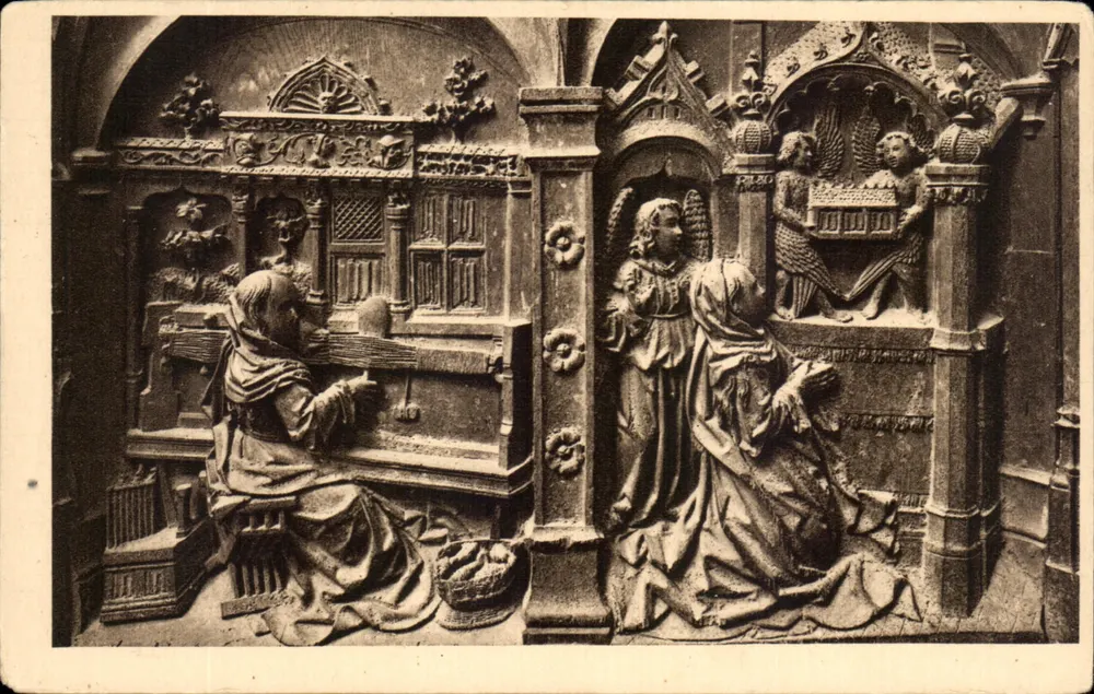 Kathedrale von Amiens — Chorbanken (1508-1519) — Treppenabsatz C — Maria in Gebet - Maria webend - Vorderseite