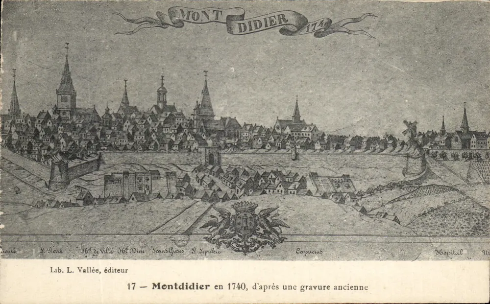 Montdidier — Ansicht der Stadt im Jahr 1740, nach einer alten Kupferstich — Lib. L. Vallée, Verlag, Nr. 17 - Vorderseite