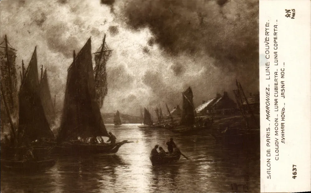 Nacht über einen Hafen — Segelschiffe unter bewölktem Himmel — Salon de Paris, n° 4637 - Vorderseite