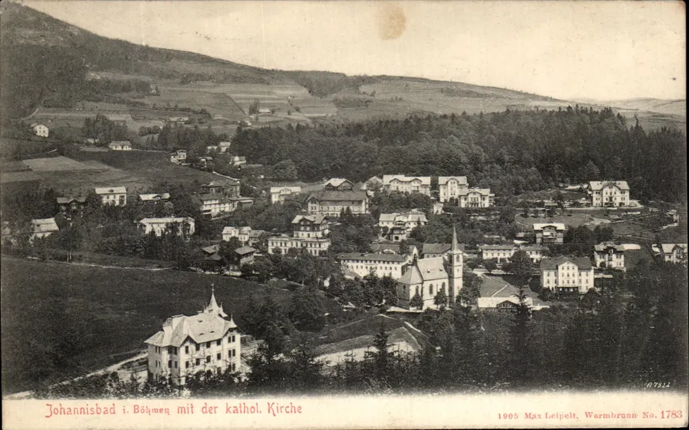 Johannsbad i. Böhmen com a Igreja Católica — vista panorâmica — Max Leipelt, Warmbrunn No. 1783 - Frente