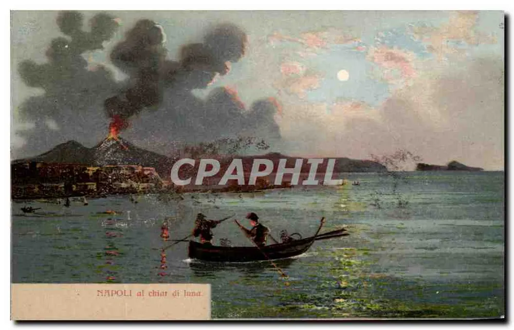 Napoli al chiar di luna — vista del Vesuvio in eruzione — editore sconosciuto - Recto