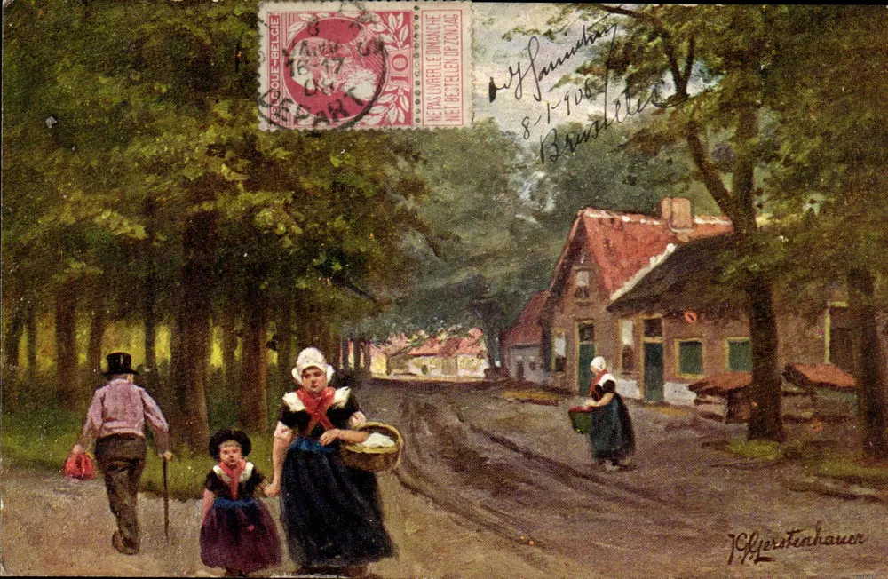 Cena de aldeia — paisagem rural com personagens — J.C. Kerstenhauer - Frente