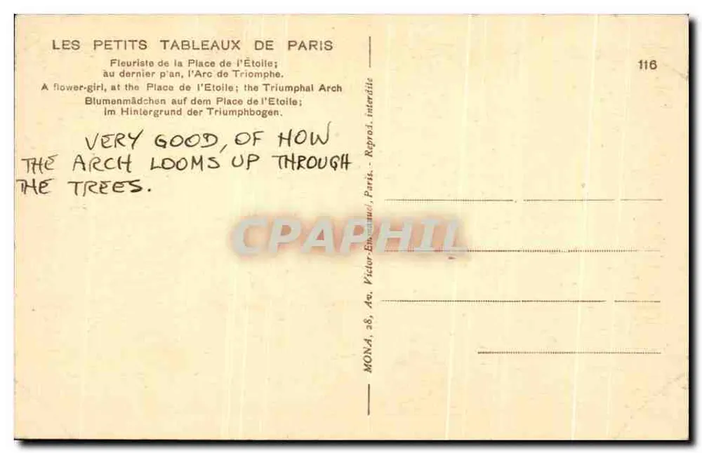 Place de l'Étoile — Arc de Triomphe — Verlag MONA, Nr. 116 - Rückseite