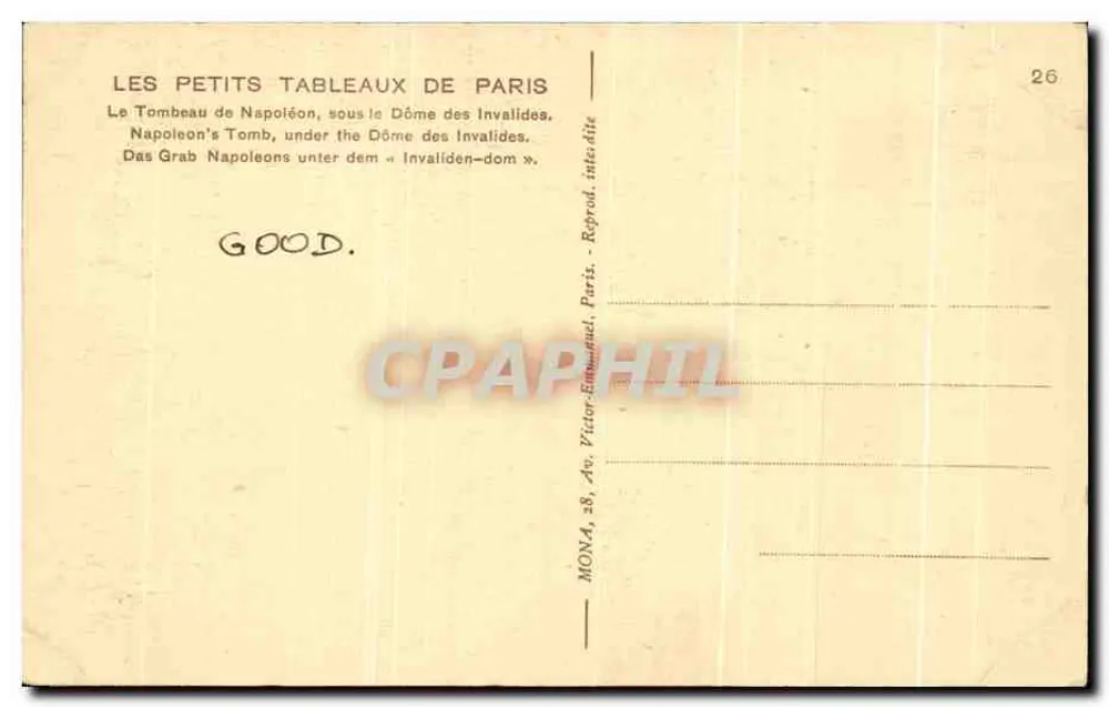 Napoleons Grab — Dach der Invaliden — Verlag Mona, Paris, Nr. 26 - Rückseite