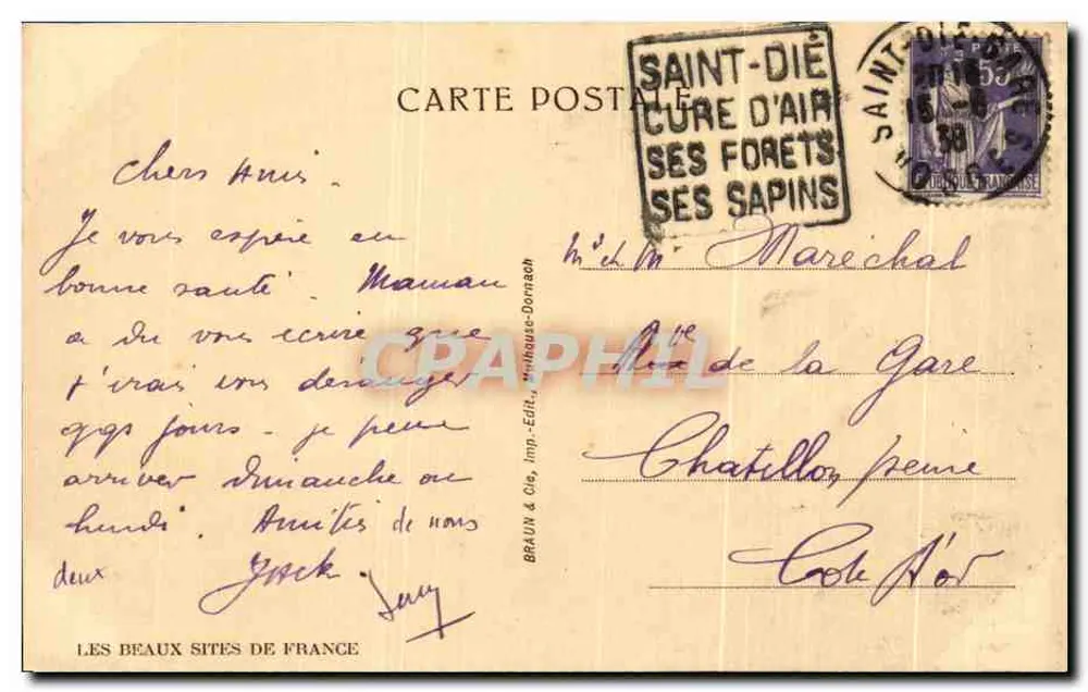 St-Dié — Roche du Sapin Sec com mesa de orientação — Braun & Cie, N°2077 - Verso