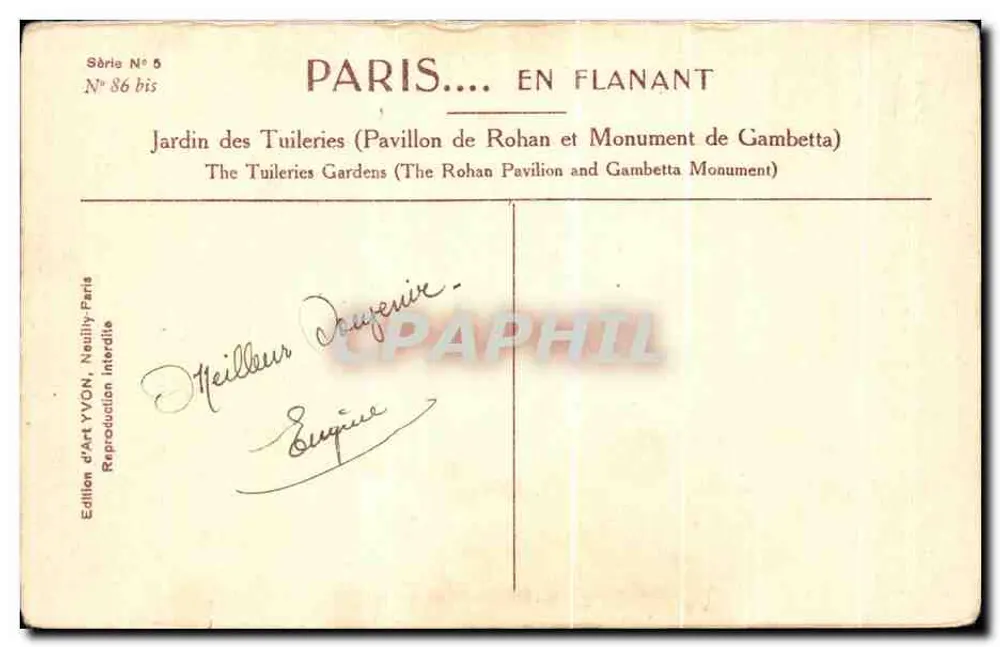 Garten der Tuileries — Pavillon de Rohan und Denkmal von Gambetta — Edition d'Art YVON, Neuilly - Rückseite