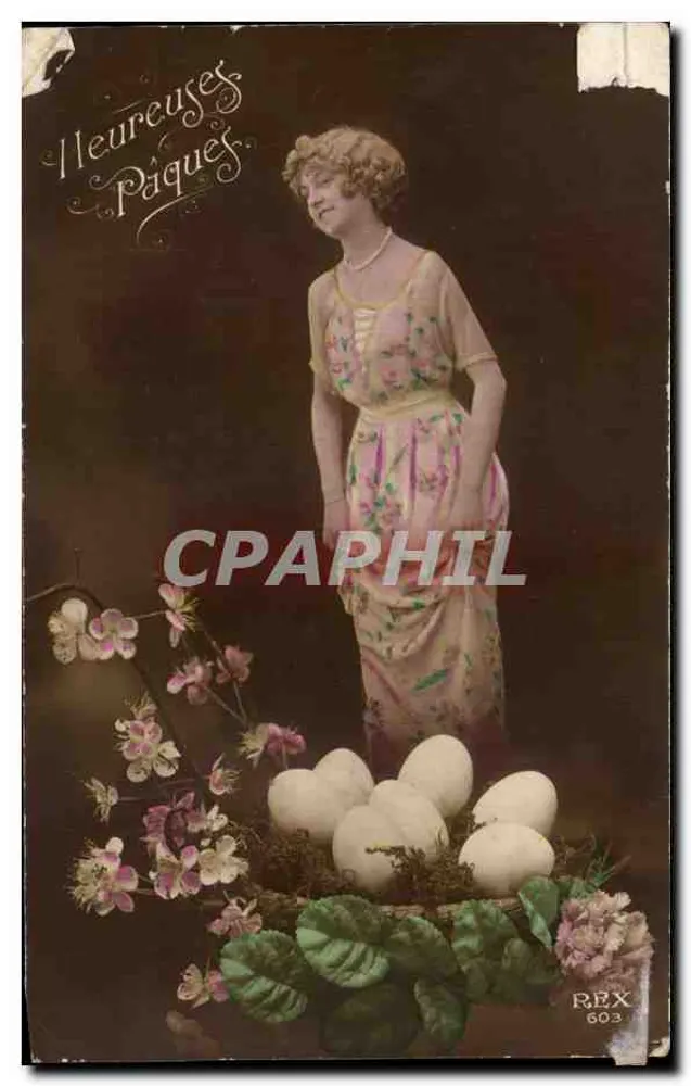 Frau in Blumenkleid — Ostern — REX 603 - Vorderseite