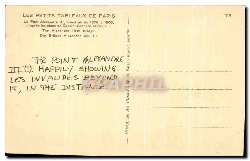 Ponte Alexandre III — Paris — editor MONA, n°78 - Verso