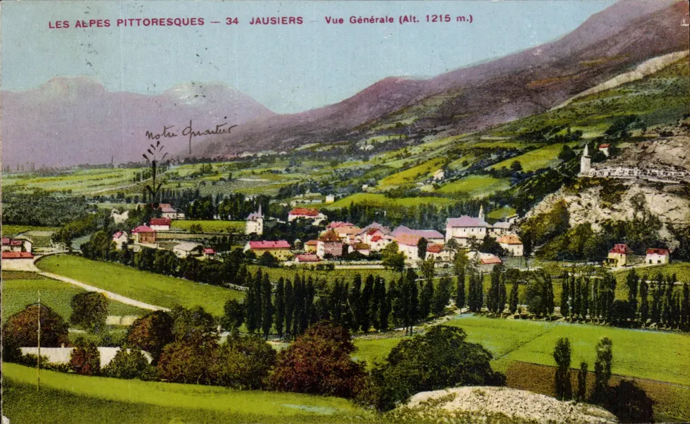 Les Alpes Pittoresques — 34 Jausiers — Vue Générale (Alt. 1215 m.) — éditeur Nota Quartier - Recto
