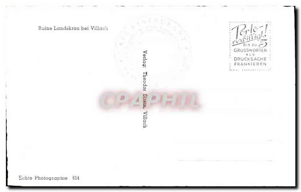 Ruínas de Landskron perto de Villach — edição fotográfica — Verlag Theodor Stien, Villach, n° 614 - Verso