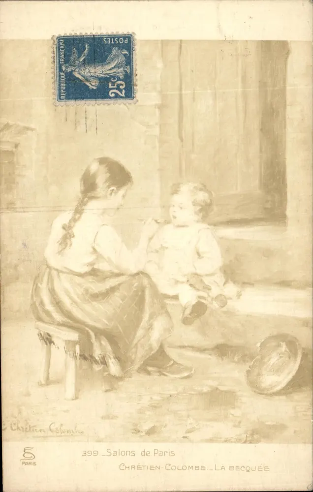 Femme et enfant — scène intime — Chrétièn-Colombe, La Becquée, n°399 - Recto