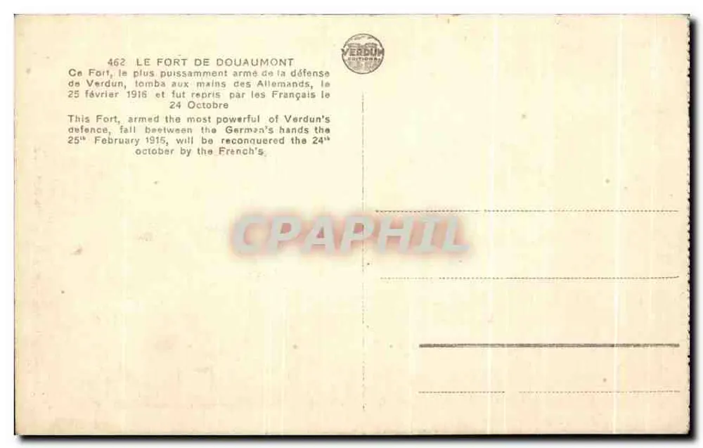 O Forte de Douaumont — Verdun — editor Verdon, n° 462 - Verso