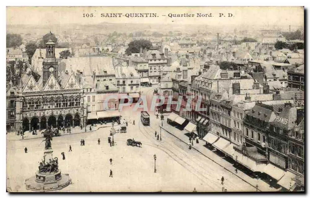 Saint-Quentin - Bairro Norte — vista aérea com o palácio de cidade e praça central — P.D. n°105 - Frente