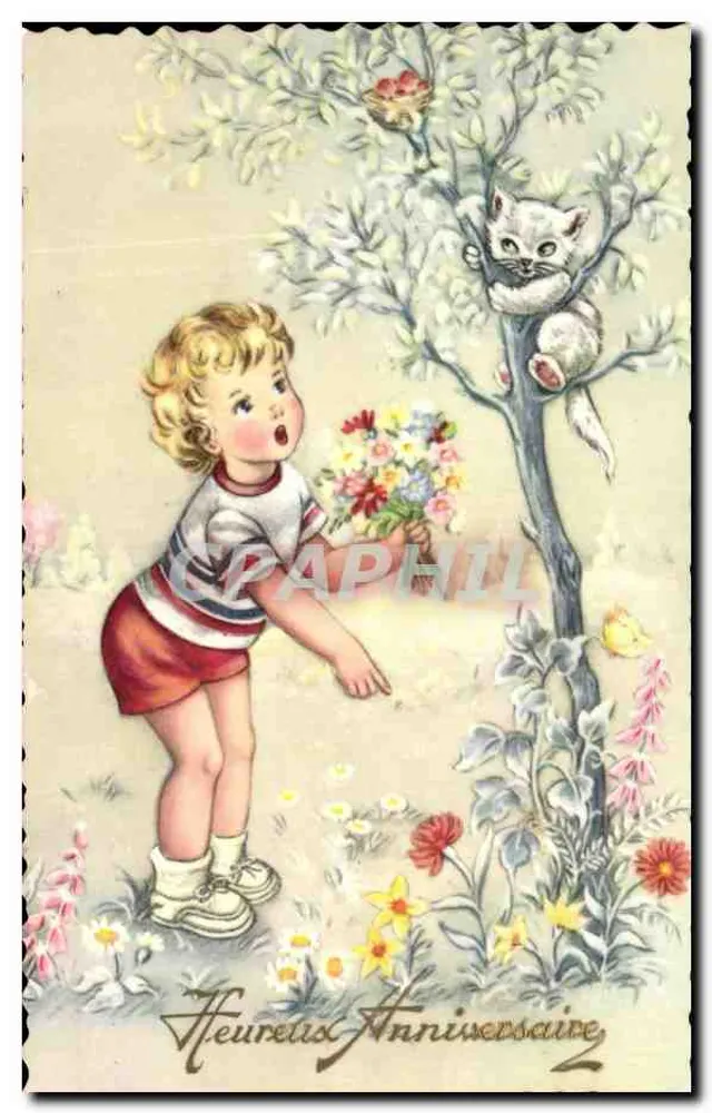 एक बच्चा एक पेड़ पर बैठे बिल्ली को फूल देता है — खुशी के जन्मदिन — फोटोक्रोम - आगे