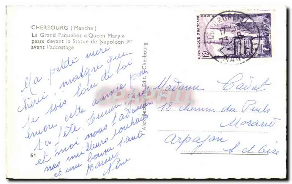 Cherbourg (Manche) — Der große Liner « Queen Mary » fährt vor der Statue Napoleons I. — Alex, Verlag - Rückseite