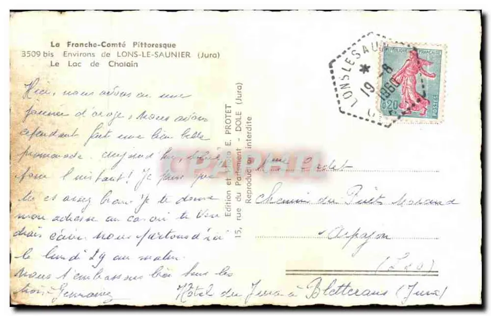 See Chalain — Umgebung von Lons-le-Saunier (Jura) — Edition E. Protet, Dole - Rückseite