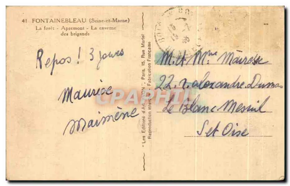 Fontainebleau - Die Forêt d'Apremont - Die Höhle der Räuber — Les Editions d'Art Mon - Rückseite