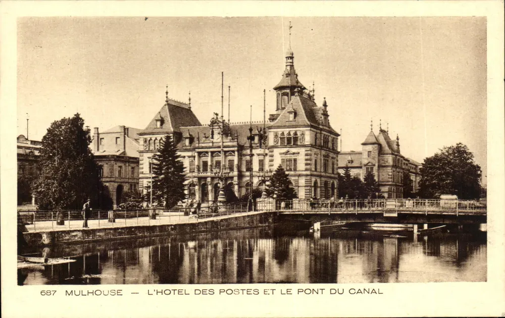Mulhouse — Das Posthotel und die Kanalbrücke — Verlag BRAUN & Cie, Druckerei Mulhouse-Dornach - Vorderseite