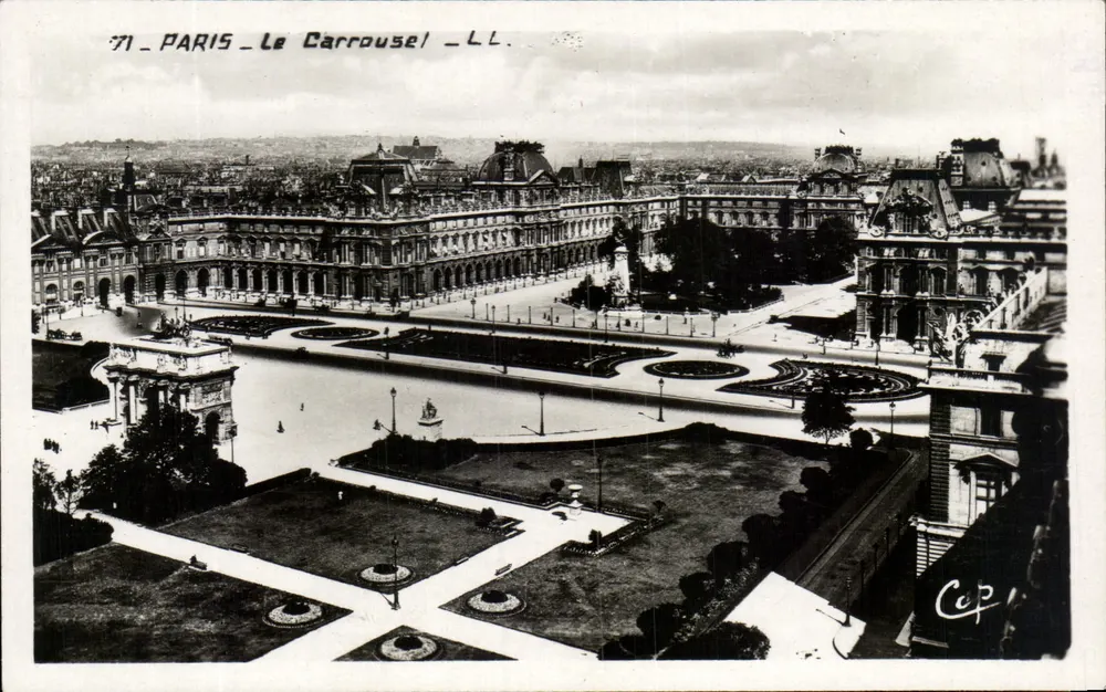 Parijs - Het Carrousel — luchtfoto van het tuin van het Carrousel en het Louvre — uitgever LL - Voorkant