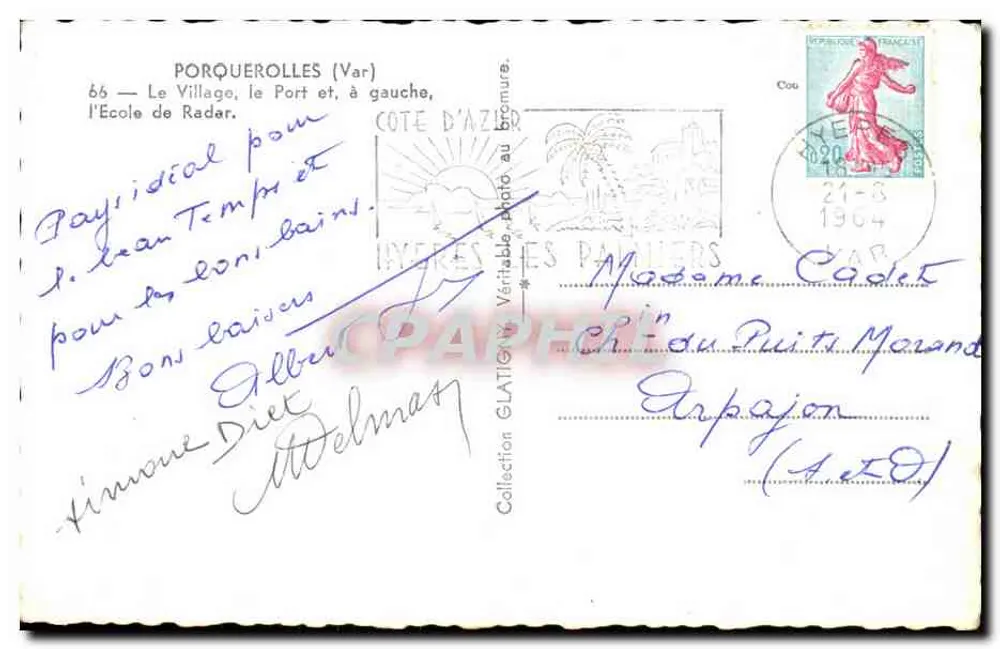 Porquerolles — Ansicht des Dorfes, des Hafens und der Radarstation — Côte d'Azur - Rückseite